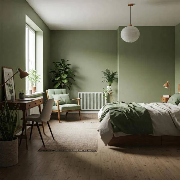 Minimalist room with pale walls, a single plant, and soft natural light